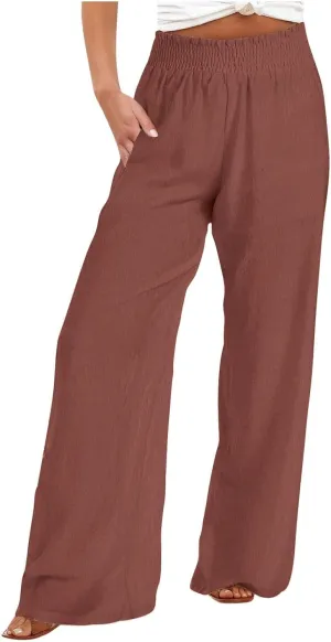 Womens Wide Leg Pants Casual Summer Cotton Linen Pants High Elastic Waist Palazzo Pants Flowy Lounge Beach Pants