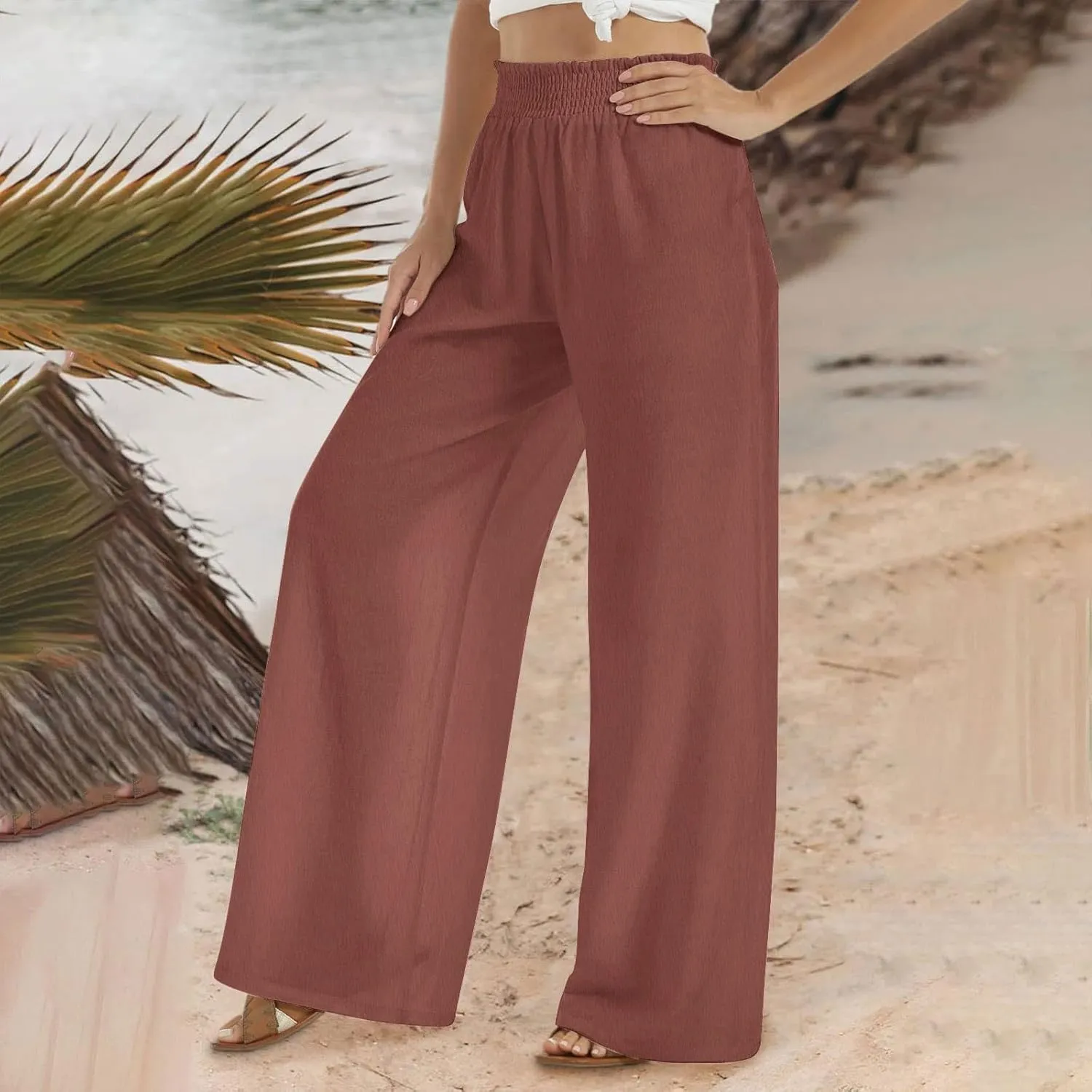 Womens Wide Leg Pants Casual Summer Cotton Linen Pants High Elastic Waist Palazzo Pants Flowy Lounge Beach Pants