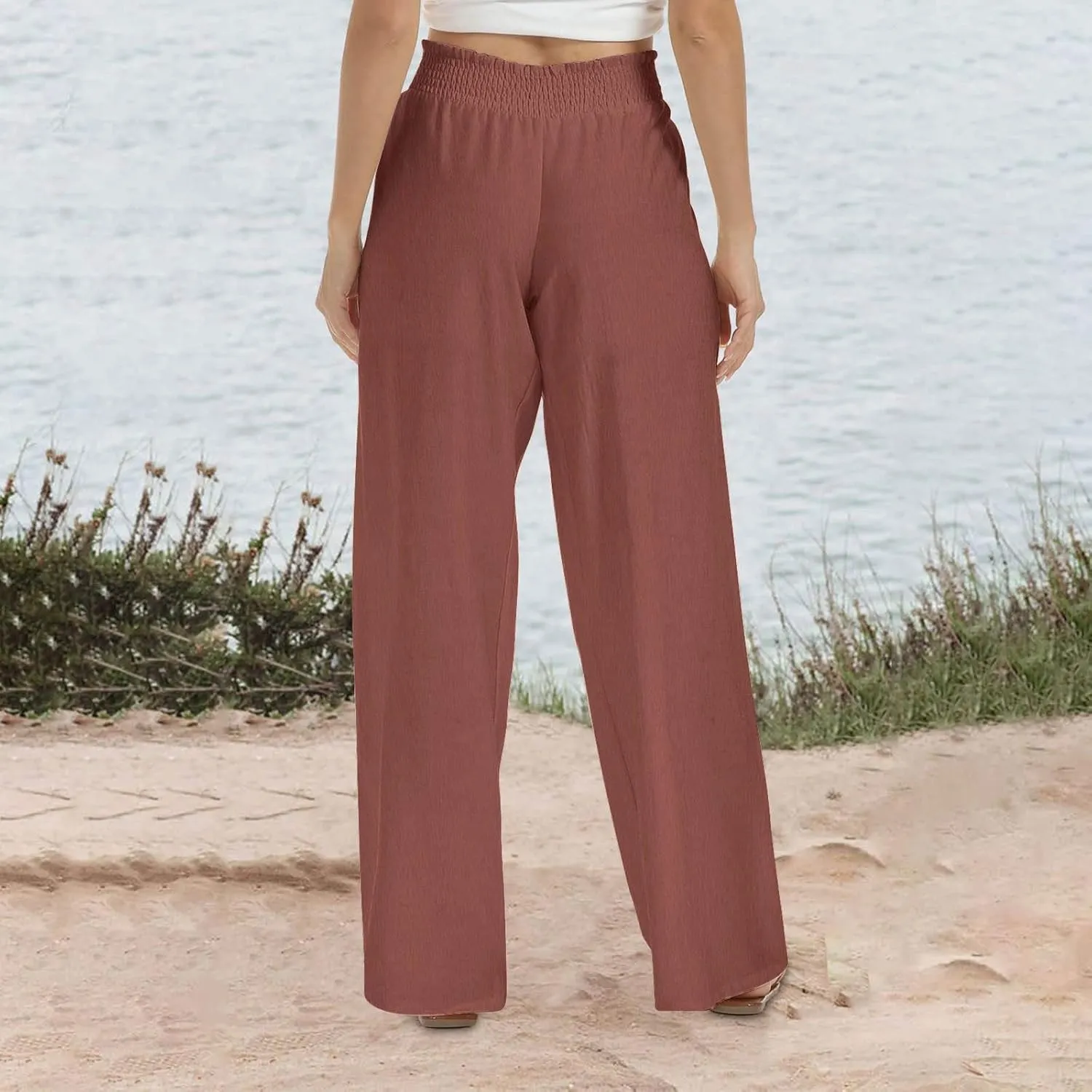 Womens Wide Leg Pants Casual Summer Cotton Linen Pants High Elastic Waist Palazzo Pants Flowy Lounge Beach Pants