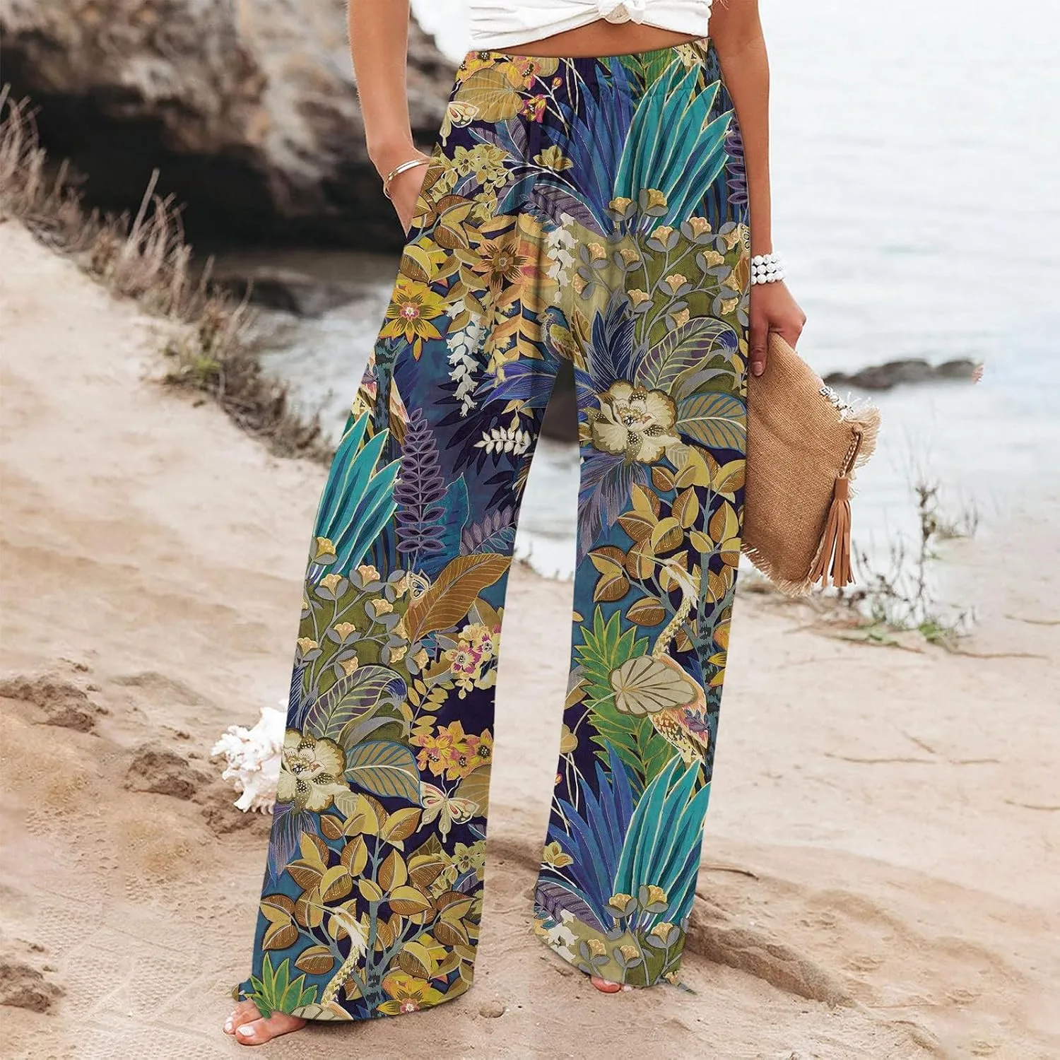 Women's Wide Leg Pants Womens Cotton Casual Loose Pants Comfy Work Pants with Pockets Elastic High Waist Paper Bag