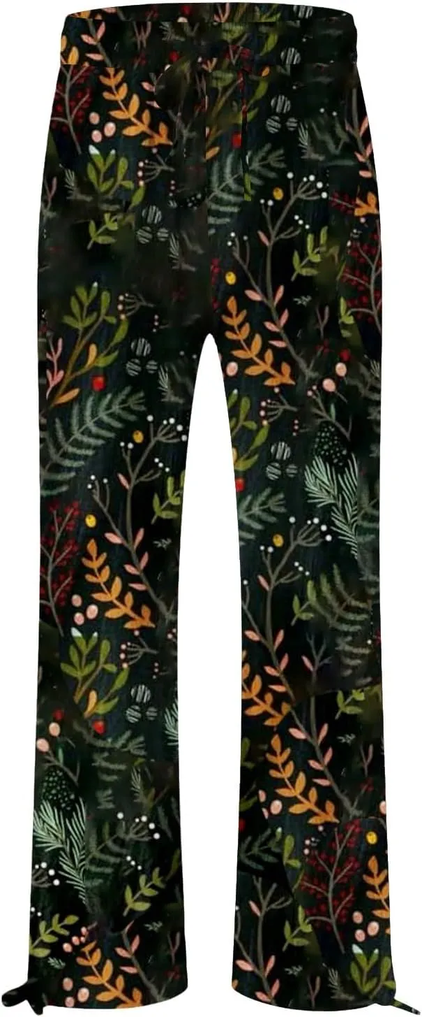 Women's Wide Leg Pants Womens Cotton Casual Loose Pants Comfy Work Pants with Pockets Elastic High Waist Paper Bag