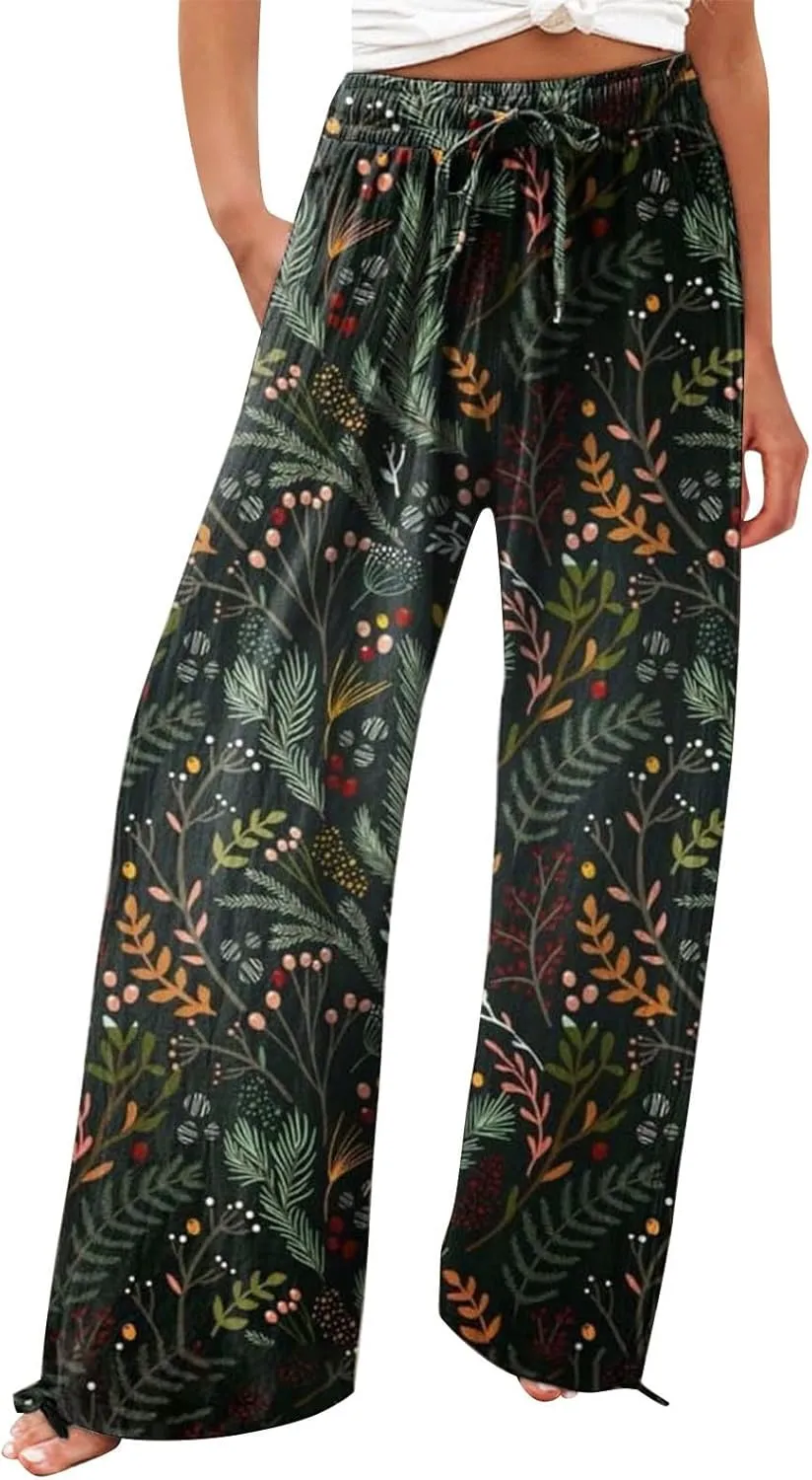 Women's Wide Leg Pants Womens Cotton Casual Loose Pants Comfy Work Pants with Pockets Elastic High Waist Paper Bag