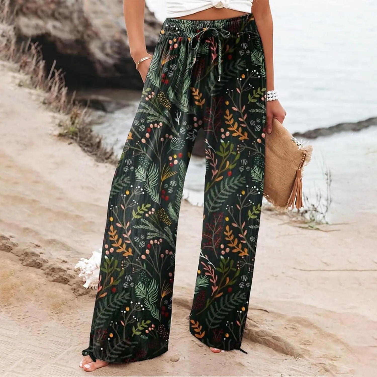 Women's Wide Leg Pants Womens Cotton Casual Loose Pants Comfy Work Pants with Pockets Elastic High Waist Paper Bag
