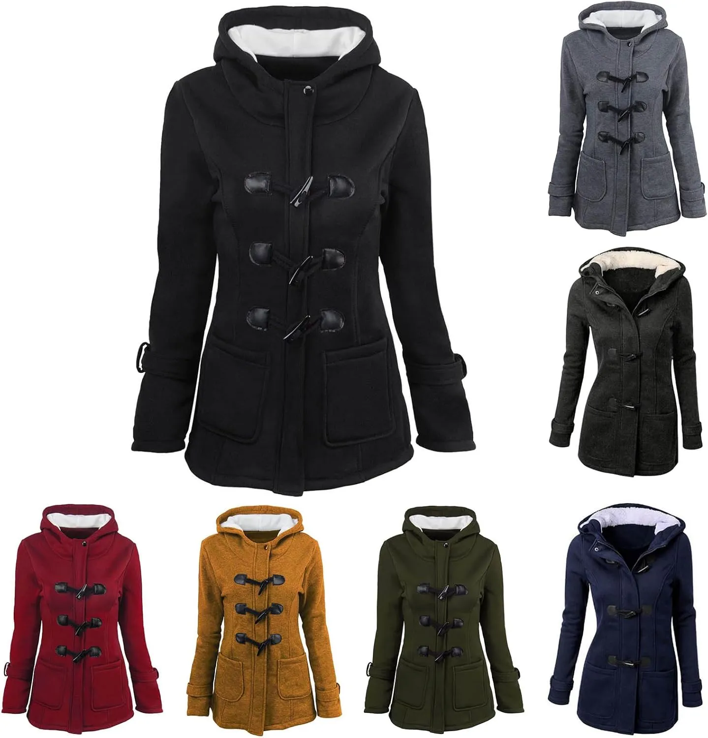 Womens Winter Coats Sherpa Lined Hoodie Jackets Horn Buttons Jacket Fleece Thicken Coat with Hood