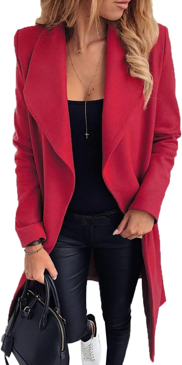 Womens Winter Elegant Pea Coat Open Front Wool Blend Trenchcoat Outerwear