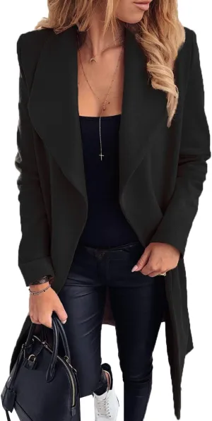 Womens Winter Elegant Pea Coat Open Front Wool Blend Trenchcoat Outerwear