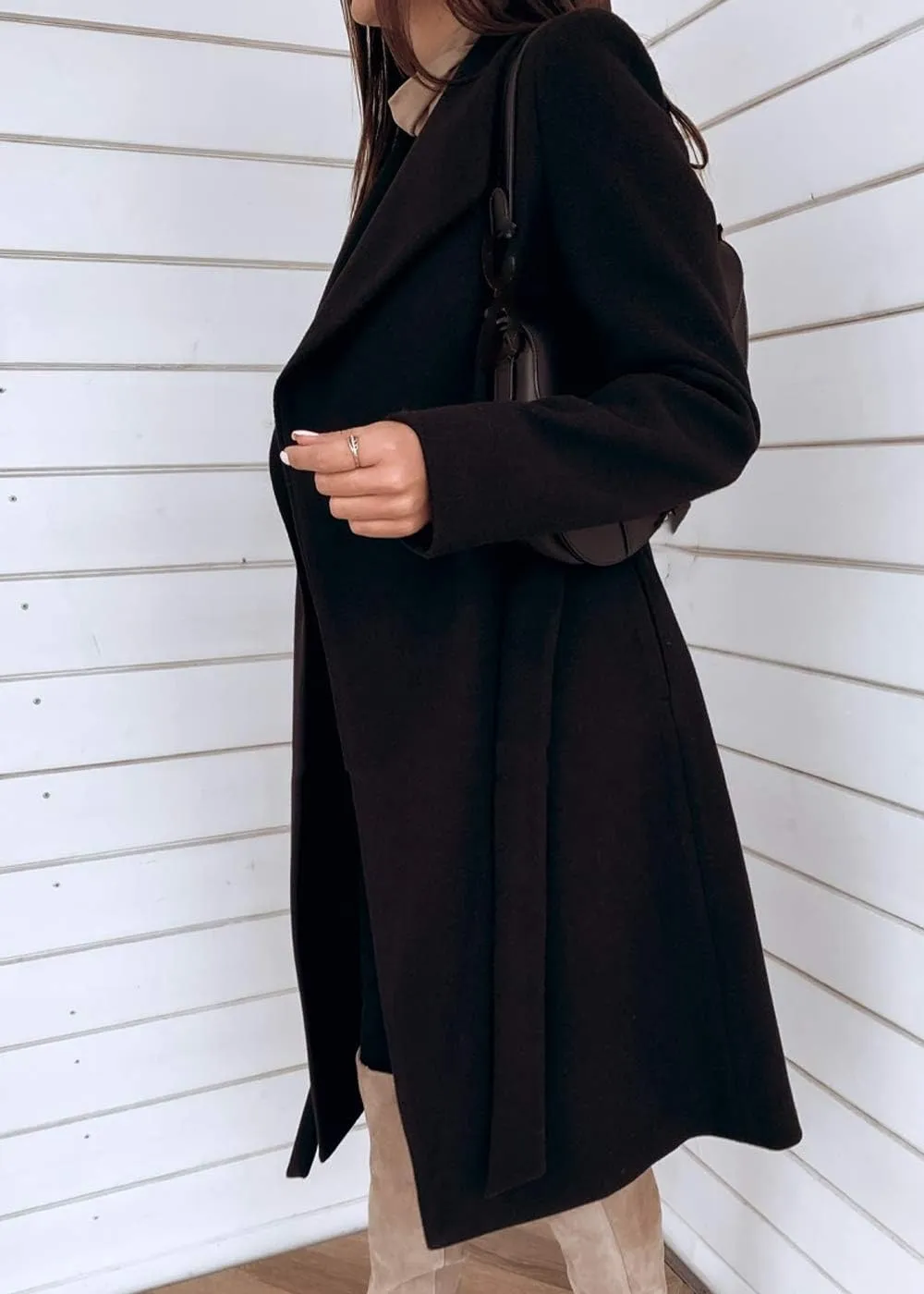 Womens Winter Elegant Pea Coat Open Front Wool Blend Trenchcoat Outerwear