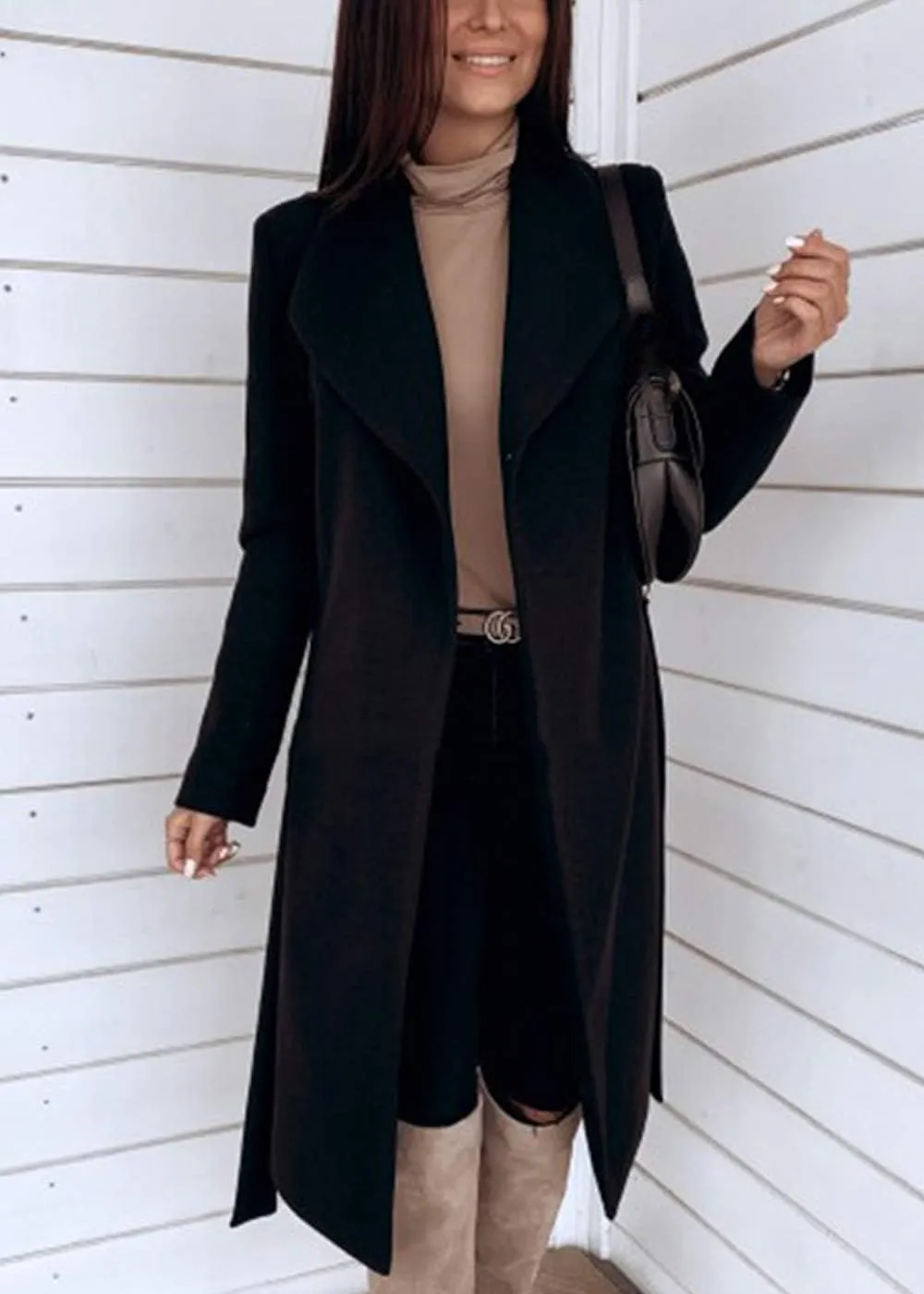 Womens Winter Elegant Pea Coat Open Front Wool Blend Trenchcoat Outerwear