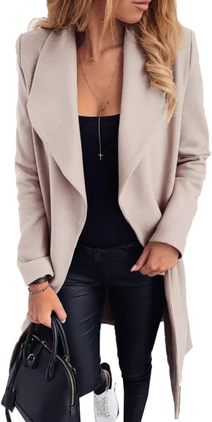 Womens Winter Elegant Pea Coat Open Front Wool Blend Trenchcoat Outerwear
