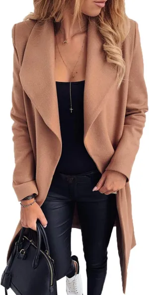 Womens Winter Elegant Pea Coat Open Front Wool Blend Trenchcoat Outerwear