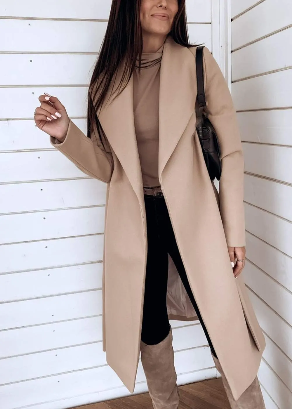 Womens Winter Elegant Pea Coat Open Front Wool Blend Trenchcoat Outerwear