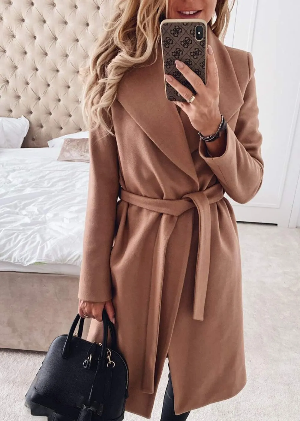 Womens Winter Elegant Pea Coat Open Front Wool Blend Trenchcoat Outerwear