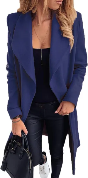 Womens Winter Elegant Pea Coat Open Front Wool Blend Trenchcoat Outerwear