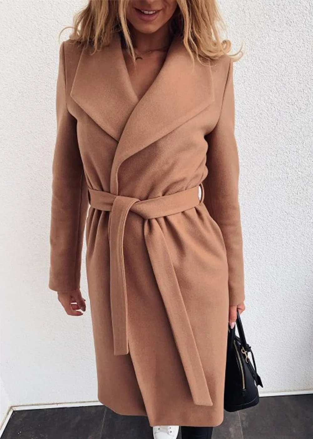 Womens Winter Elegant Pea Coat Open Front Wool Blend Trenchcoat Outerwear