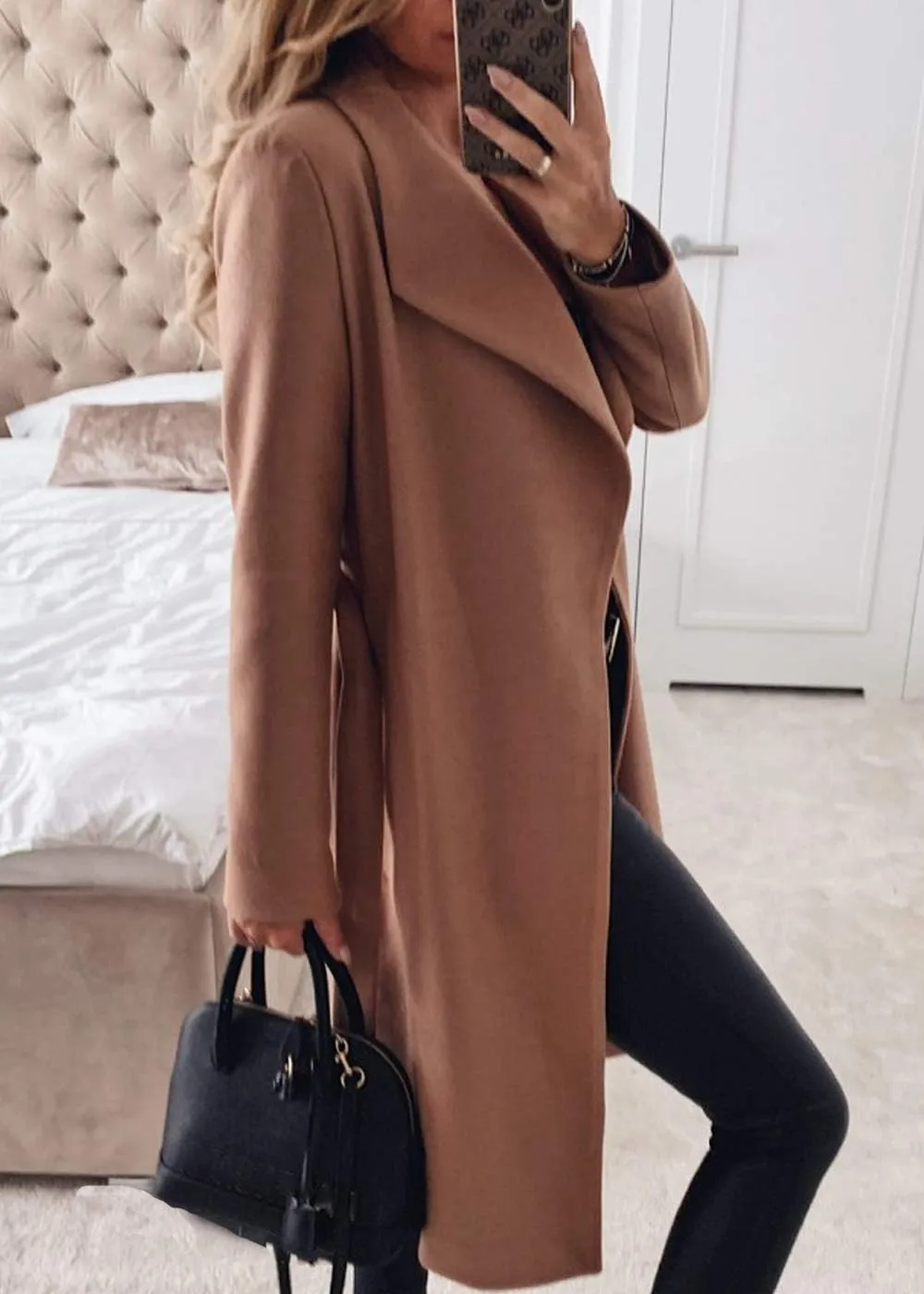 Womens Winter Elegant Pea Coat Open Front Wool Blend Trenchcoat Outerwear