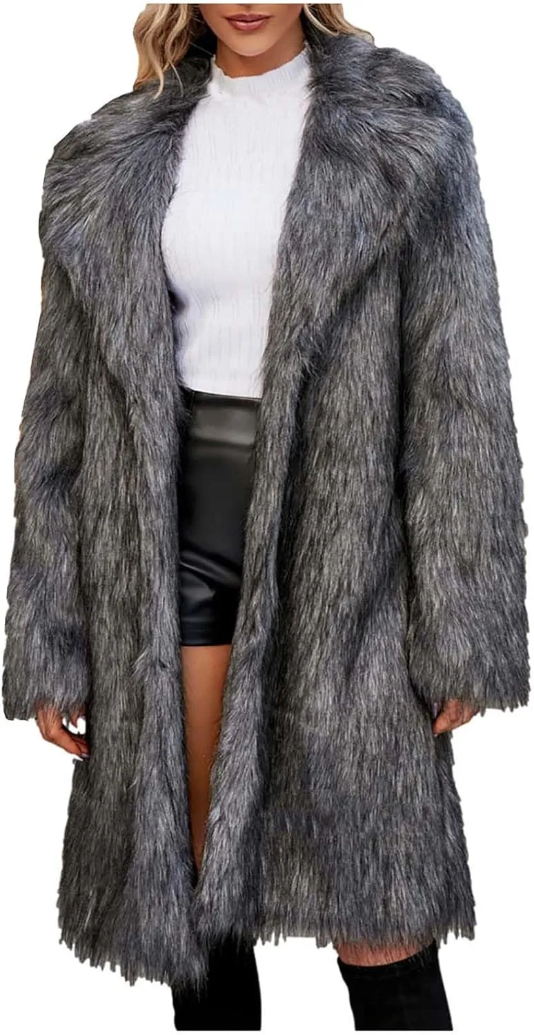 Women's Winter Faux Fur Coats Fuzzy Luxury Faux Fur Mid-Length Jacket Fluffy Thicken Long Sleeve Open Front Cardigan