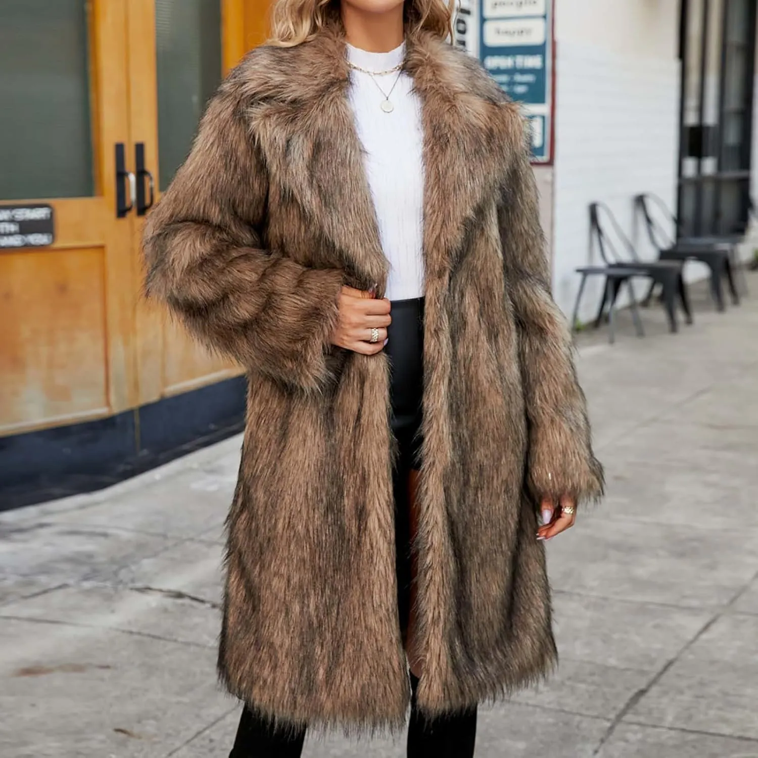 Women's Winter Faux Fur Coats Fuzzy Luxury Faux Fur Mid-Length Jacket Fluffy Thicken Long Sleeve Open Front Cardigan