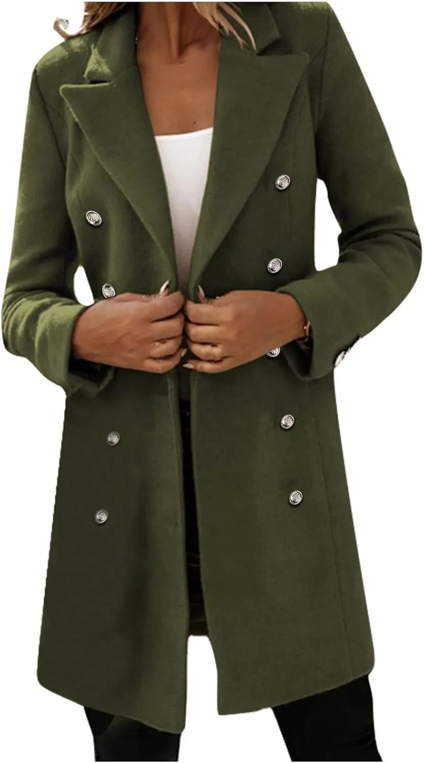 Womens Winter Jacket Coats Notched Lapel Collar Double-Breasted Wool Blend Pea Coat Fashion Comfy Warm Trench Coat