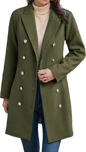 Womens Winter Jacket Coats Notched Lapel Collar Double-Breasted Wool Blend Pea Coat Fashion Comfy Warm Trench Coat