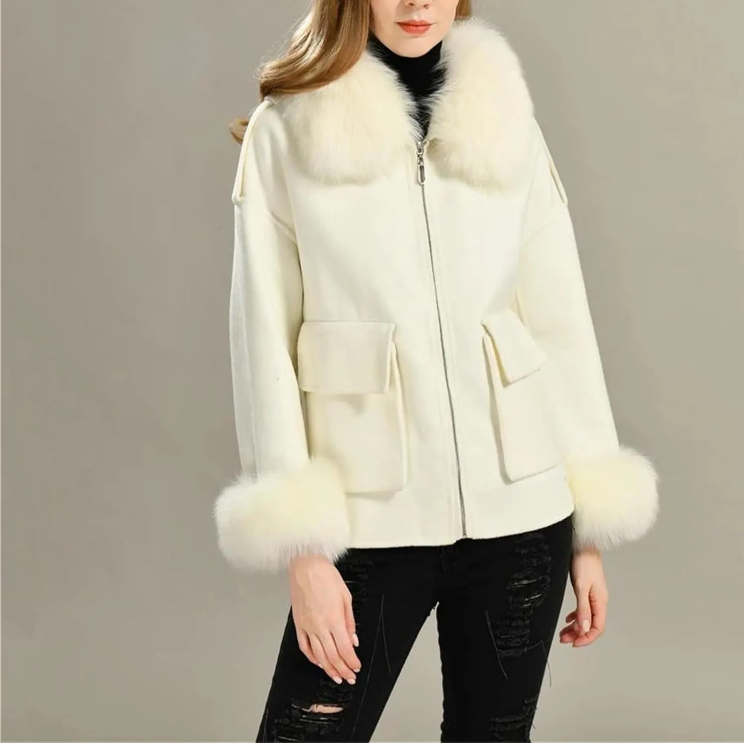 Women's Wool Blend Coat With Fur Cashmere Coat Solid Color Woolen Jacket