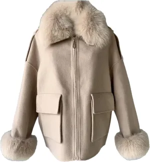 Women's Wool Blend Coat With Fur Cashmere Coat Solid Color Woolen Jacket