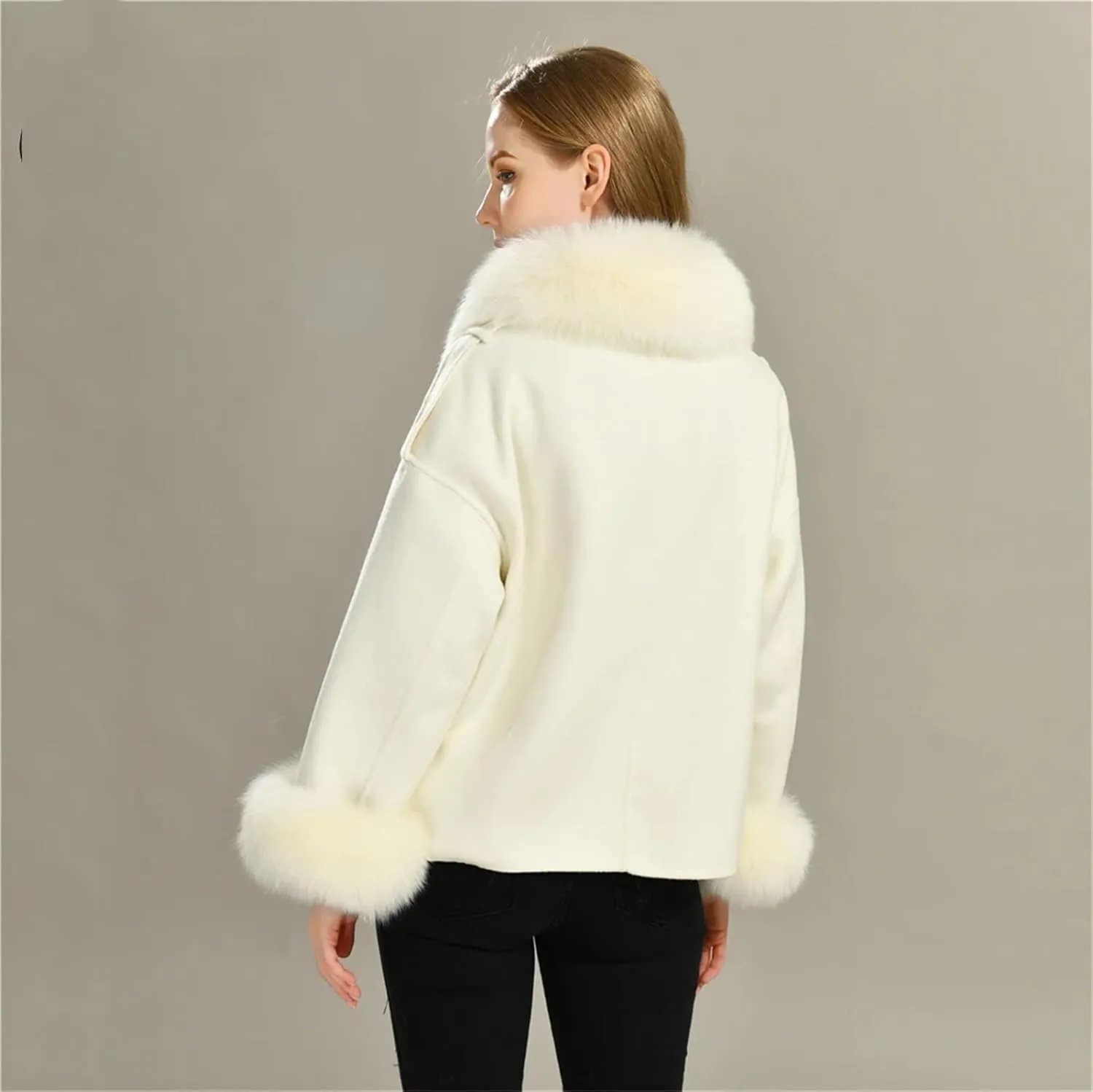 Women's Wool Blend Coat With Fur Cashmere Coat Solid Color Woolen Jacket