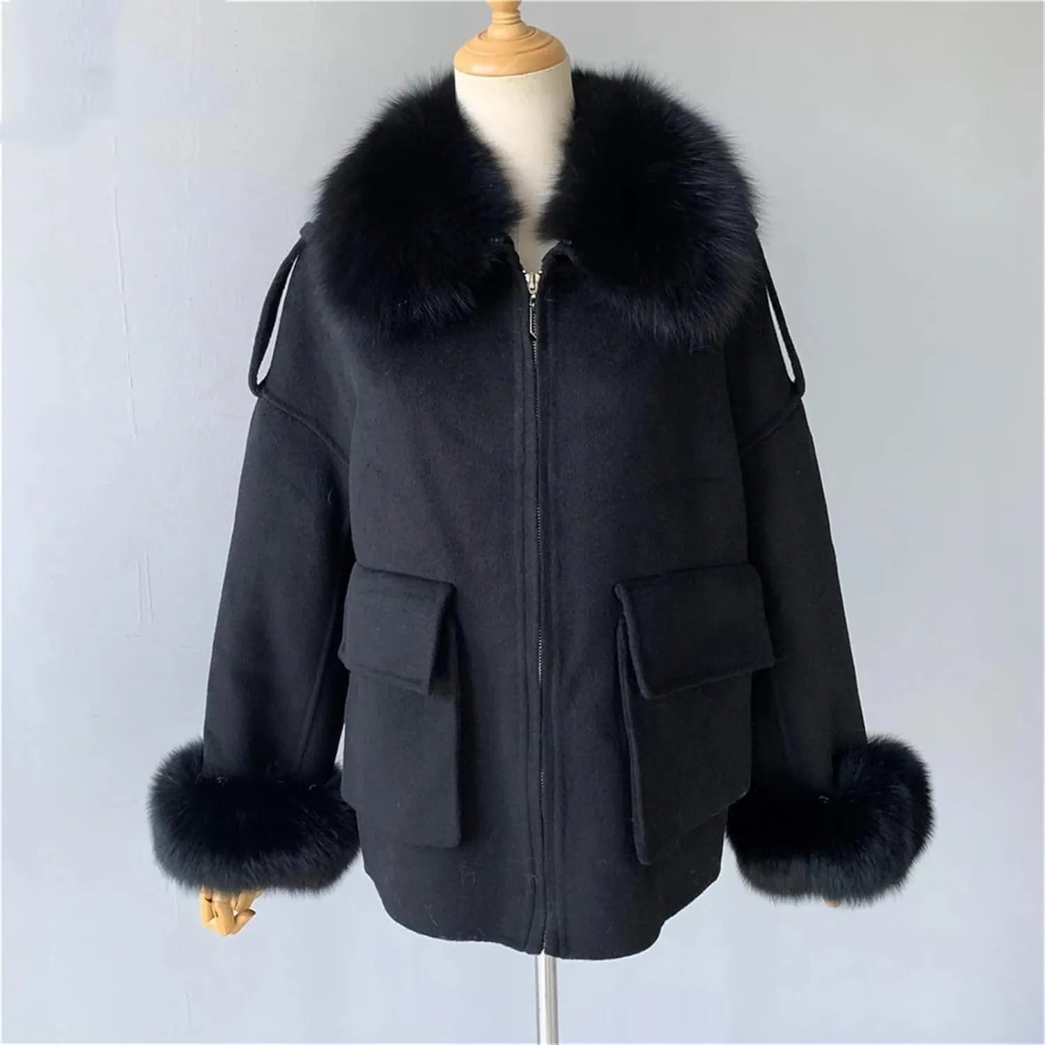 Women's Wool Blend Coat With Fur Cashmere Coat Solid Color Woolen Jacket