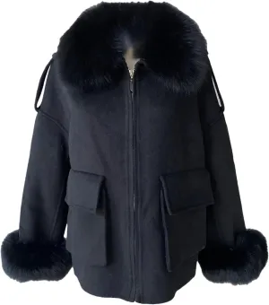 Women's Wool Blend Coat With Fur Cashmere Coat Solid Color Woolen Jacket