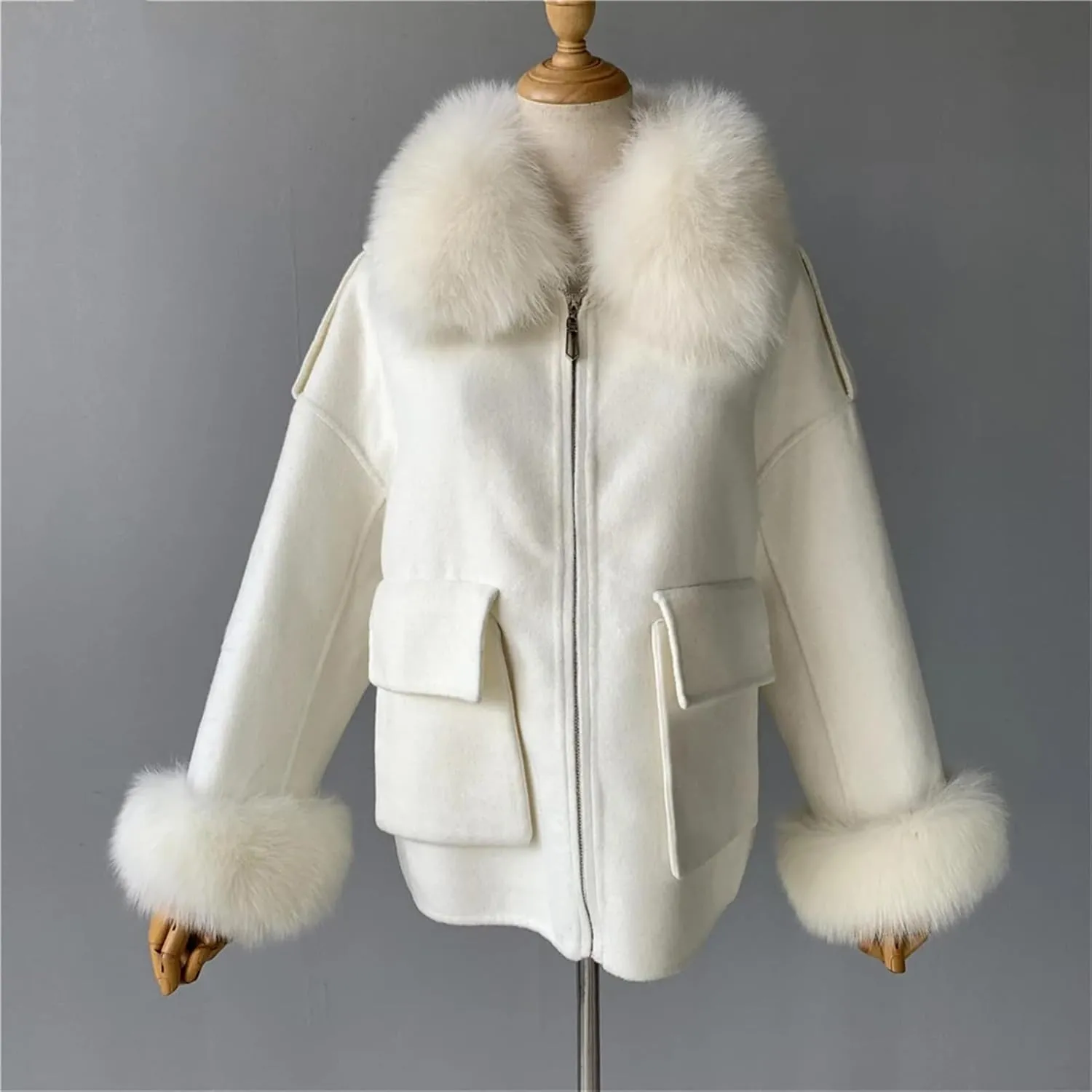 Women's Wool Blend Coat With Fur Cashmere Coat Solid Color Woolen Jacket