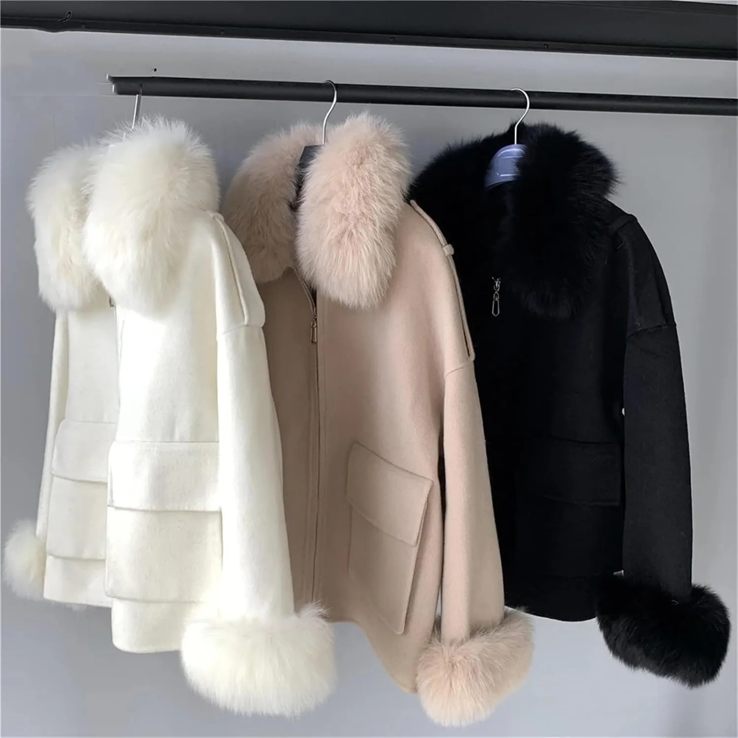 Women's Wool Blend Coat With Fur Cashmere Coat Solid Color Woolen Jacket