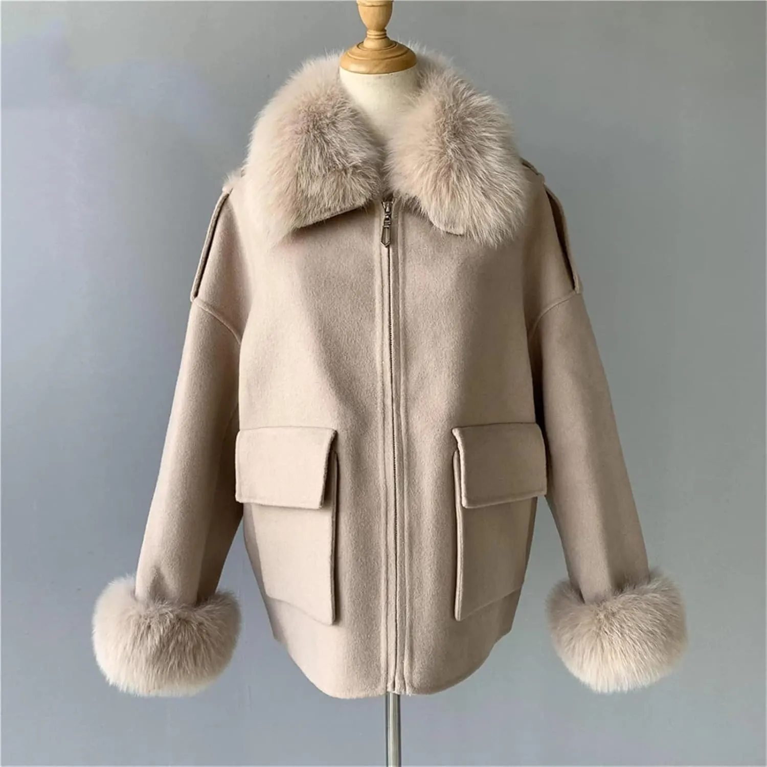 Women's Wool Blend Coat With Fur Cashmere Coat Solid Color Woolen Jacket