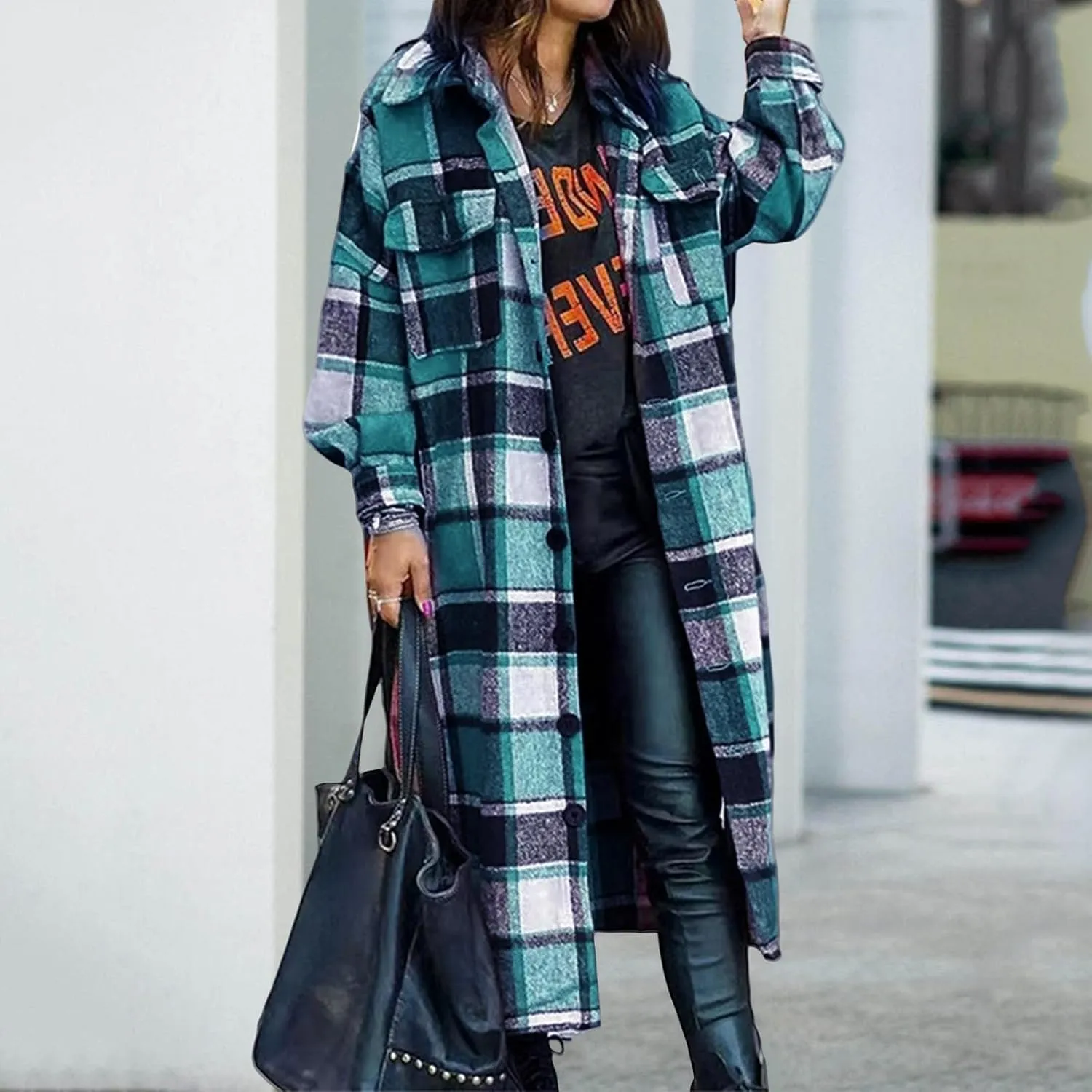 Womens Wool Blend Shacket Jacket Casual Button Down Long Plaid Coat Fashion Fall Winter Tartan Jacket with Pockets