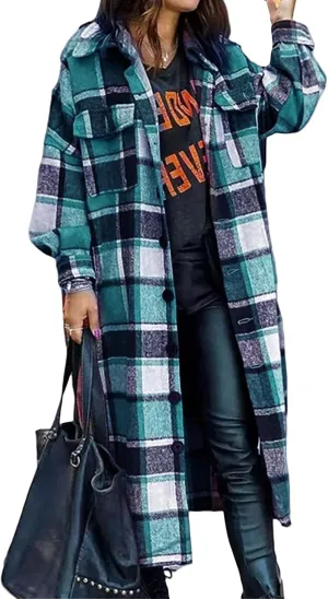 Womens Wool Blend Shacket Jacket Casual Button Down Long Plaid Coat Fashion Fall Winter Tartan Jacket with Pockets