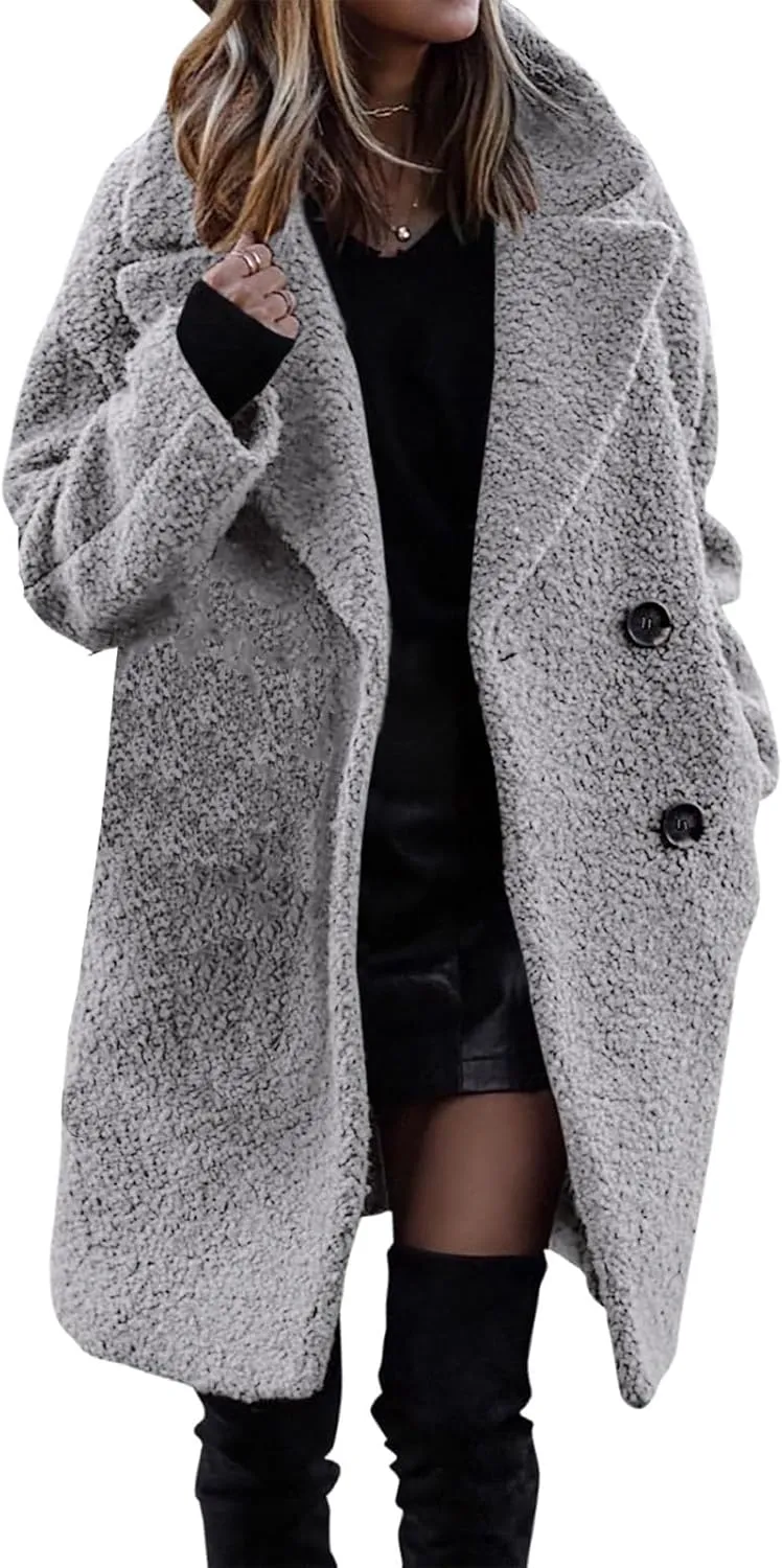 Womens Wool Coat Classic Double Breasted Lapel Collar Pea Coat Mid Long Winter Trench Jackets