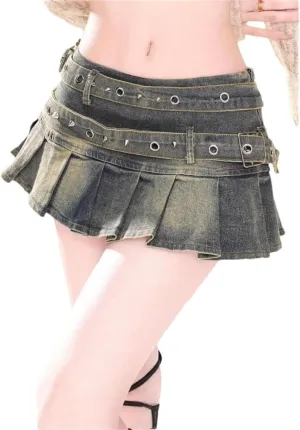 Women's Y2K Low Waisted A Line Pleated Denim Mini Skirts Slim Sexy Denim Skirts with Belted