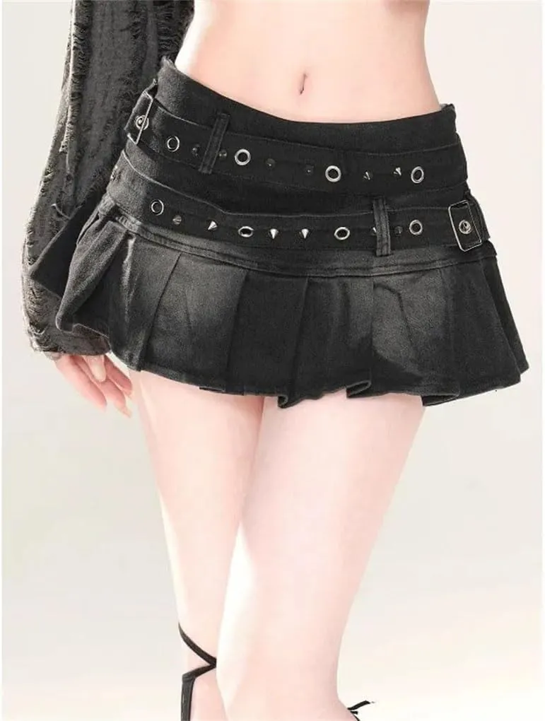 Women's Y2K Low Waisted A Line Pleated Denim Mini Skirts Slim Sexy Denim Skirts with Belted