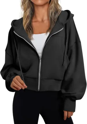 Womens Zip Up Hoodies Casual Drawstring Cropped Sweatshirt Jackets Long Sleeve Fleece Lightweight Coat with Pockets