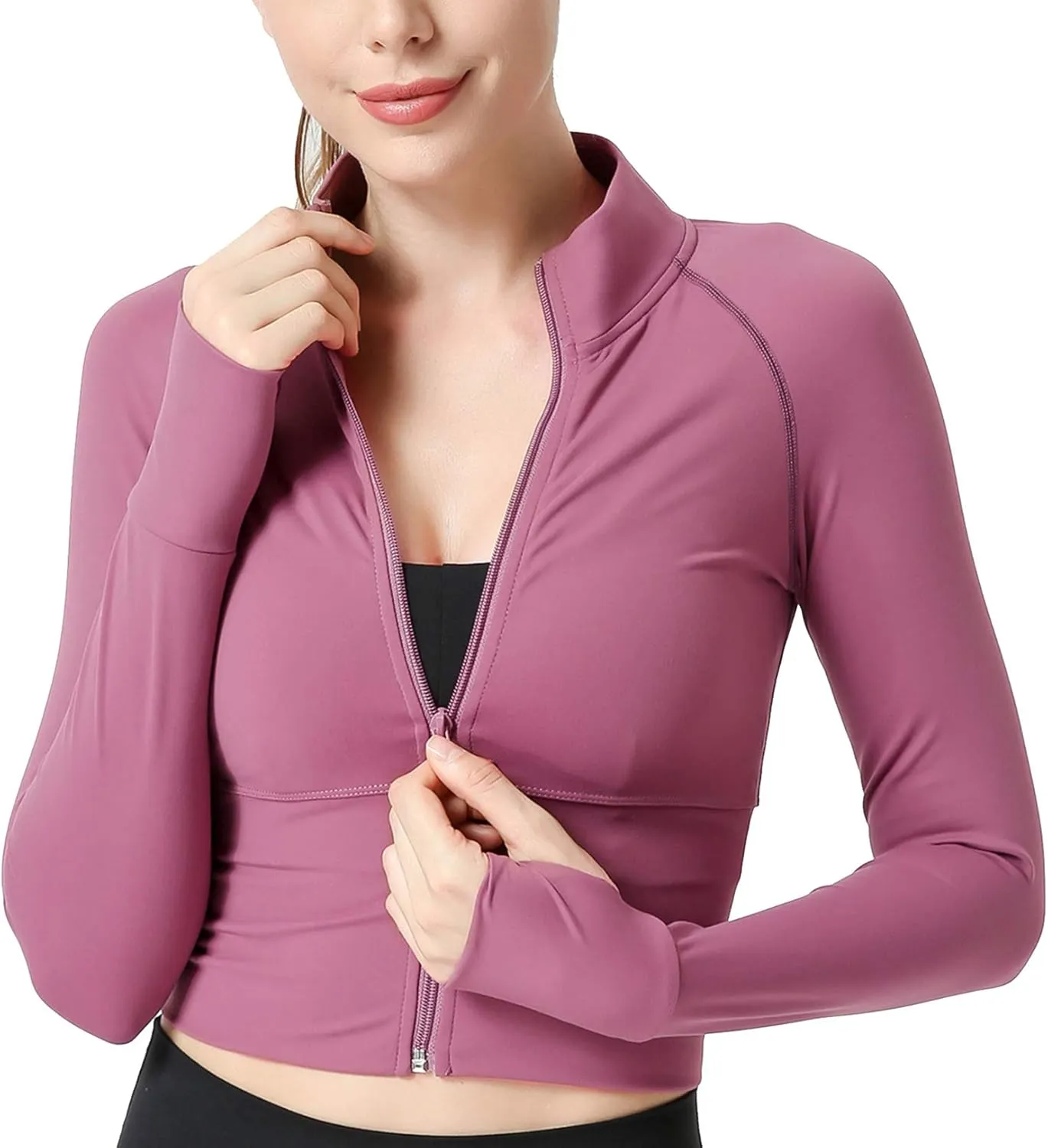 Women's Zip Up Lightweight Workout Athletic Crop Jacket Running Sports Yoga Cropped Top Seamless Fitted Activewear