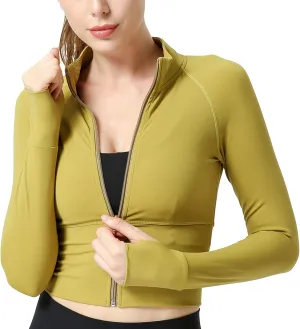 Women's Zip Up Lightweight Workout Athletic Crop Jacket Running Sports Yoga Cropped Top Seamless Fitted Activewear