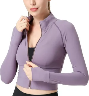 Women's Zip Up Lightweight Workout Athletic Crop Jacket Running Sports Yoga Cropped Top Seamless Fitted Activewear