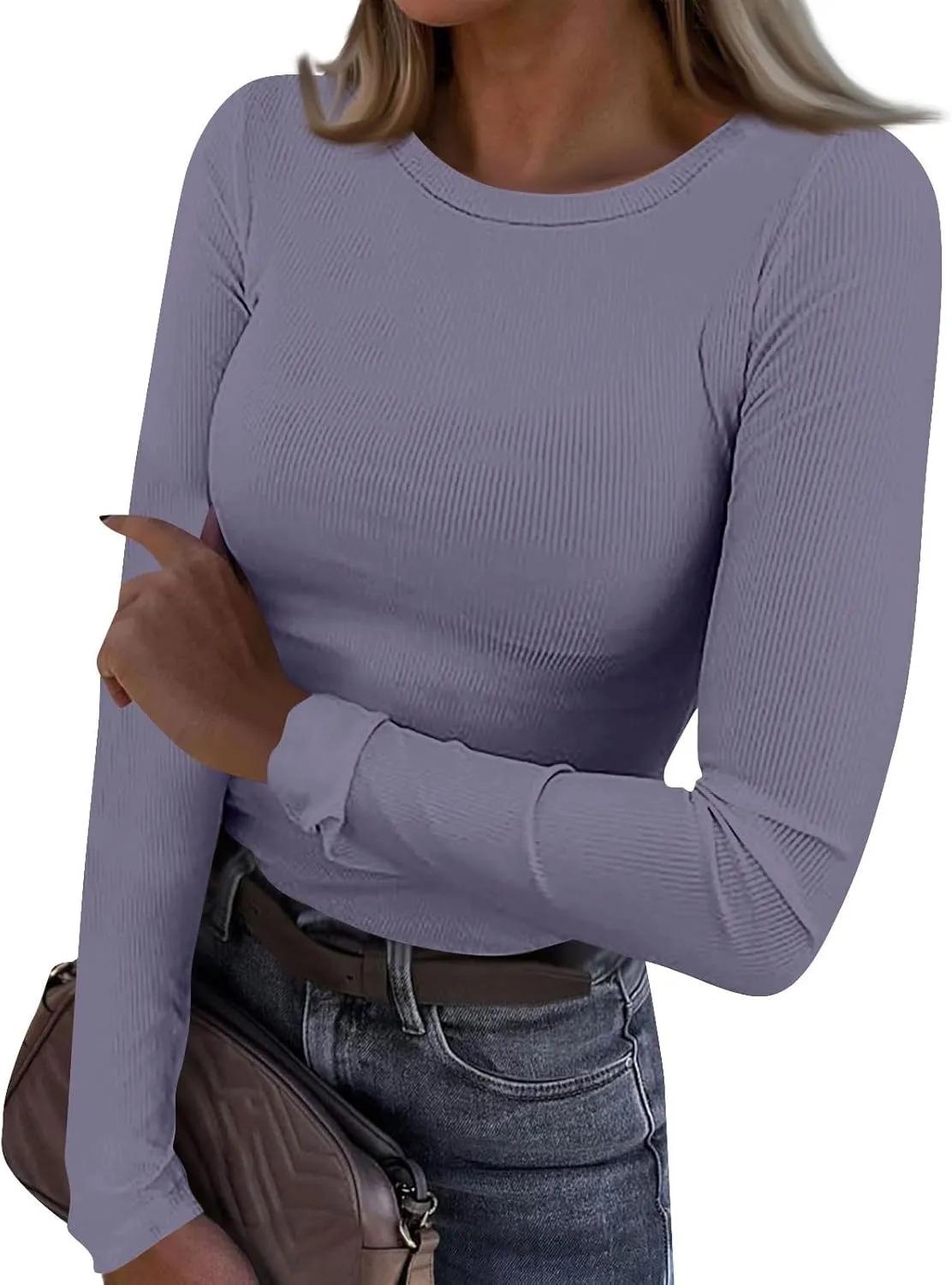 Womne's Ribbed Crew Neck Slim Fitted T Shirts Basic Solid Long Sleeve Layering Tee Tops Stretch Casual Tunic Tops