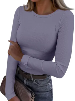 Womne's Ribbed Crew Neck Slim Fitted T Shirts Basic Solid Long Sleeve Layering Tee Tops Stretch Casual Tunic Tops