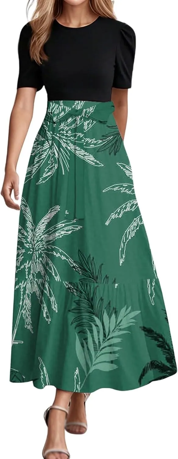 Work Dresses for Women 2025 Elegant Boho Tie Belted Patchwork Maxi Dress Empire Waist Short Sleeve Easter Dresses
