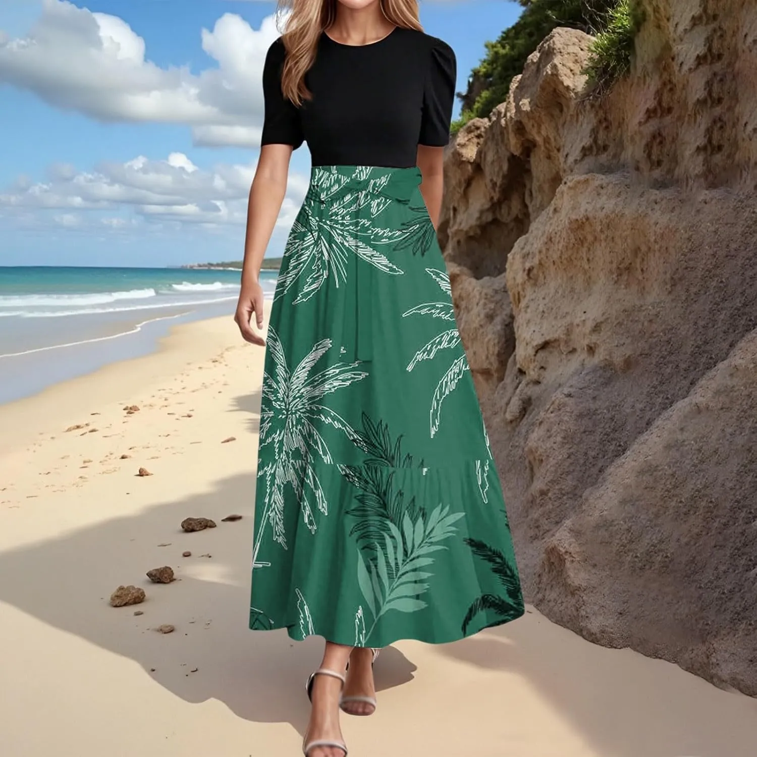 Work Dresses for Women 2025 Elegant Boho Tie Belted Patchwork Maxi Dress Empire Waist Short Sleeve Easter Dresses