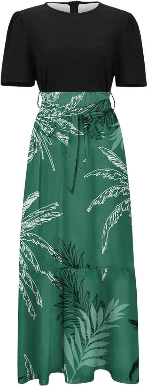 Work Dresses for Women 2025 Elegant Boho Tie Belted Patchwork Maxi Dress Empire Waist Short Sleeve Easter Dresses