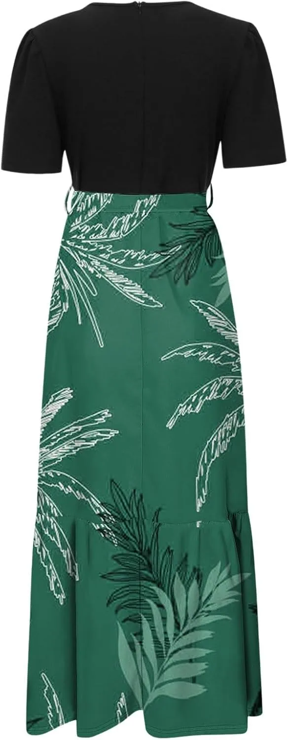 Work Dresses for Women 2025 Elegant Boho Tie Belted Patchwork Maxi Dress Empire Waist Short Sleeve Easter Dresses