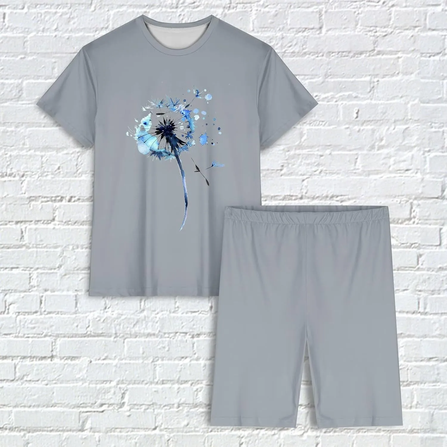 Workout Sets for Women 2 Piece Pajama Set Funny Dandelion Print Short Sleeve Tee Tops Biker Shorts Soft Tracksuits
