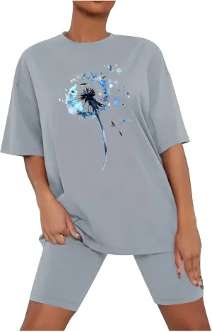 Workout Sets for Women 2 Piece Pajama Set Funny Dandelion Print Short Sleeve Tee Tops Biker Shorts Soft Tracksuits
