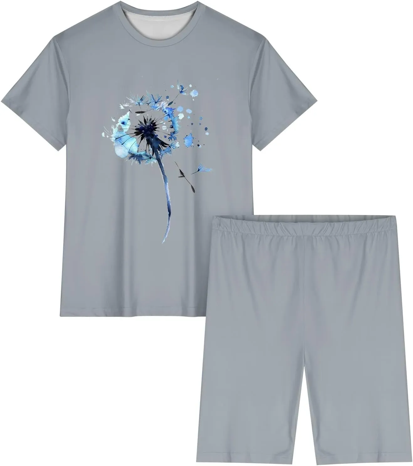Workout Sets for Women 2 Piece Pajama Set Funny Dandelion Print Short Sleeve Tee Tops Biker Shorts Soft Tracksuits