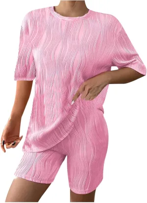 Xiaojmake 2 Piece Outfit for Women Textured Lounge Sets Knit Pj Set Short Sleeve Pullover Top and Short Set Summer Tracksuit